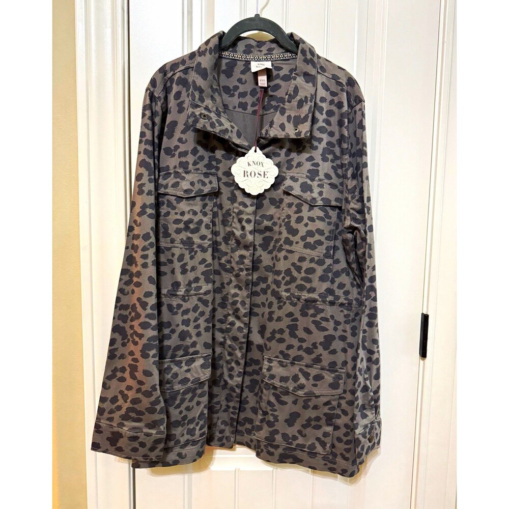 NWT Knox Rose Women's Gray Leopard Print Utility Jacket Button Pockets 2XL